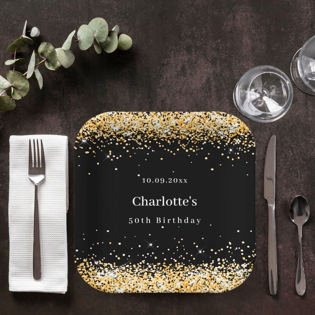Birthday black gold glitter name elegant paper plates (Creator Uploaded)