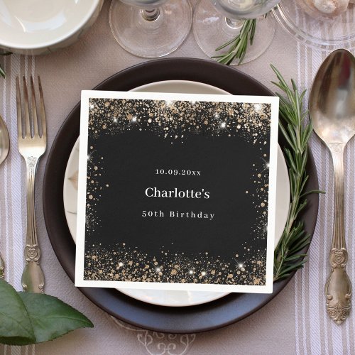 Birthday black gold glitter name napkins