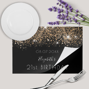 Birthday black gold glitter name paper placemat