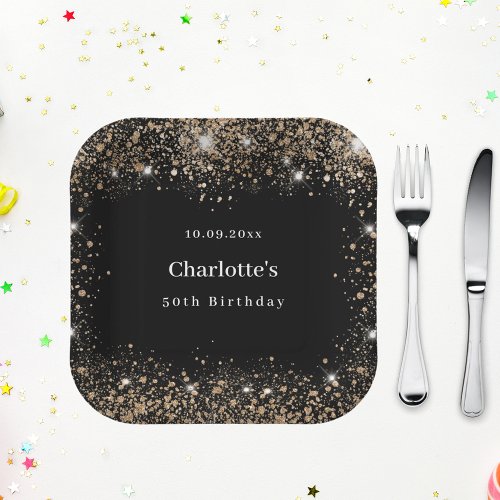Birthday black gold glitter name paper plates