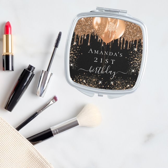 Birthday black gold glitter name party favor compact mirror (Creator Uploaded)
