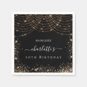 Birthday black gold glitter name script elegant napkins