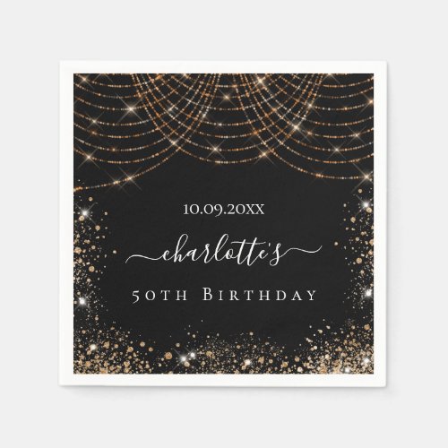 Birthday black gold glitter name script elegant napkins