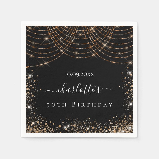 Birthday black gold glitter name script elegant napkins (Front)