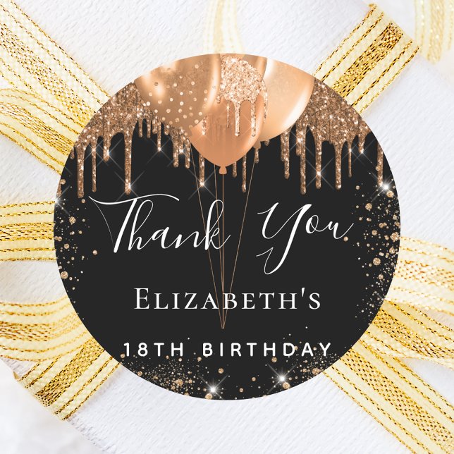 Birthday black gold glitter name thank you classic round sticker (Creator Uploaded)