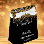 Birthday black gold glitter name thank you  favor boxes<br><div class="desc">An elegant and glamorous birthday,  any age.  A black background with faux gold glitter,  sparkles. With the text: Thank You!  Personalize and add your name age and a date. White letters.   The name is written with a trendy hand lettered style script.</div>
