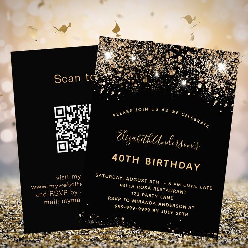 Birthday black gold glitter QR code RSVP Invitation