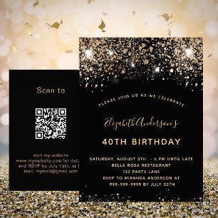 Birthday black gold glitter QR RSVP invitation Postcard