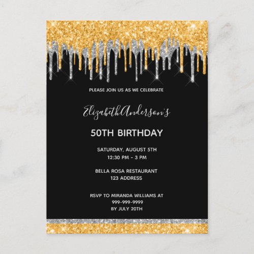 Birthday black gold glitter silver glam invitation postcard