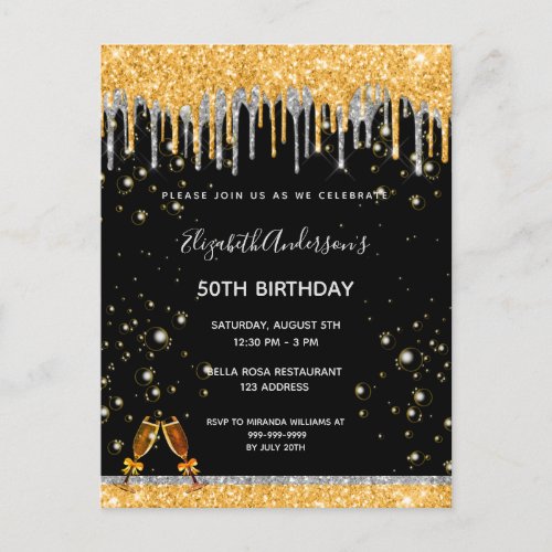 Birthday black gold glitter silver glam invitation postcard