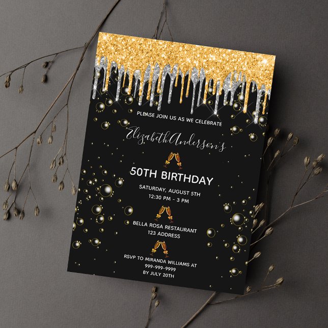 Birthday black gold glitter silver glam invitation postcard (Creator Uploaded)