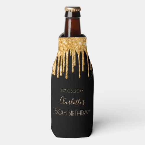 Birthday black gold glitter sparkle glam party bottle cooler