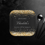 Birthday black gold glitter sparkles name elegant paper plates<br><div class="desc">For a glamorous 50th (or any age) birthday party. A stylish black background. Decorated with faux gold glitter,  sparkles.  Personalize and add a name and age 50. The name is written with a modern hand lettered style script.</div>