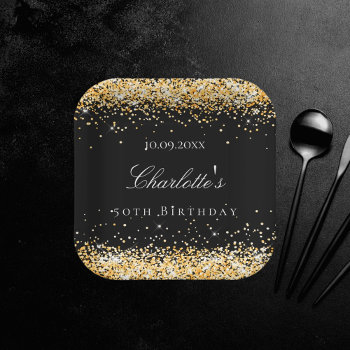 Birthday Black Gold Glitter Sparkles Name Elegant Paper Plates by Thunes at Zazzle