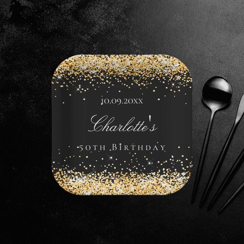 Birthday black gold glitter sparkles name elegant paper plates