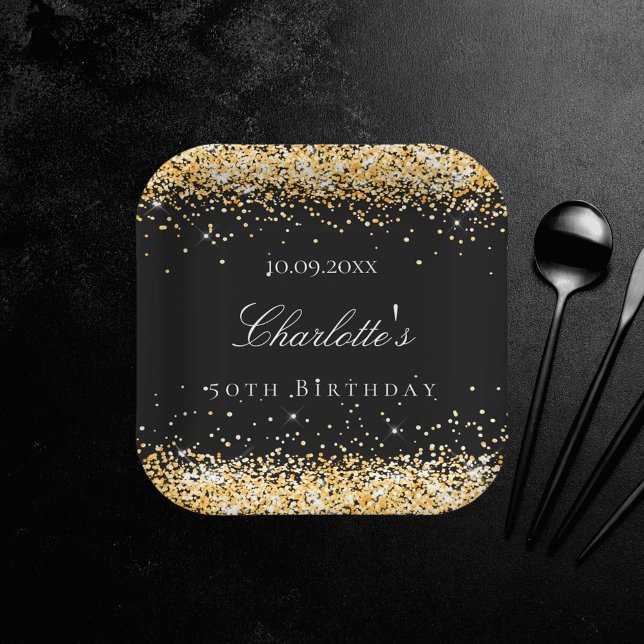 Birthday black gold glitter sparkles name elegant paper plates (Creator Uploaded)