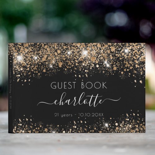 Birthday black gold glitter sparkles name guest book