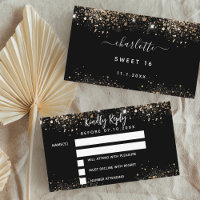 Birthday black gold glitter sparkles party RSVP