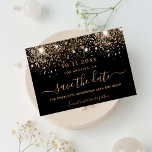 Birthday black gold glitter sparkles save the date<br><div class="desc">A girly and trendy Save the Date card for a birthday party. A black background decorated with faux gold glitter,  sparkles.  Personalize and add a date and name. Golden colored letters.  The text: Save the Date is written with a large trendy hand lettered style script with swashes.</div>