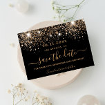 Birthday black gold glitter sparkles save the date announcement postcard<br><div class="desc">A girly and trendy Save the Date card for a birthday party. A black background decorated with faux gold glitter,  sparkles.  Personalize and add a date and name. Golden colored letters.  The text: Save the Date is written with a large trendy hand lettered style script with swashes.</div>