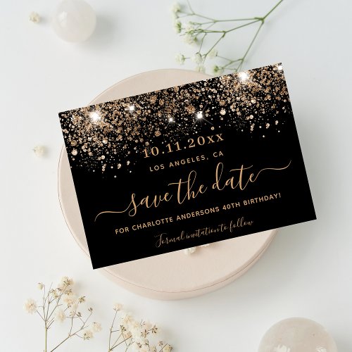 Birthday black gold glitter sparkles save the date announcement postcard