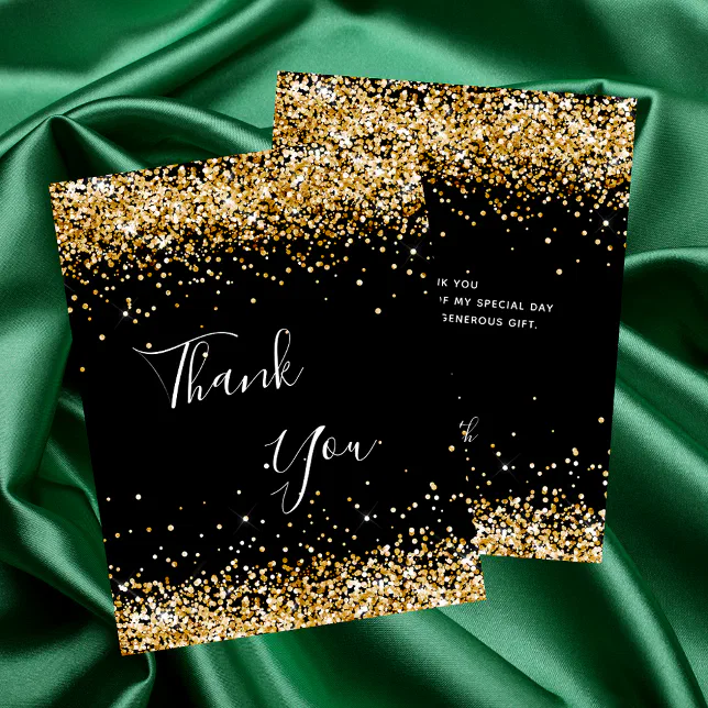 Birthday black gold glitter thank you card Zazzle
