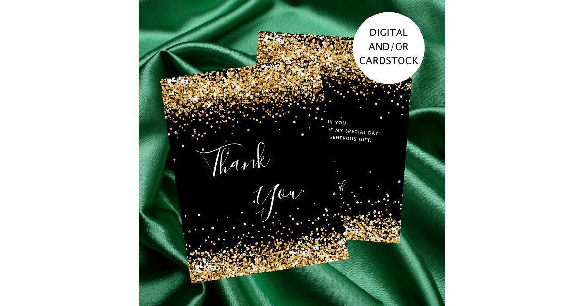 Birthday black gold glitter thank you card | Zazzle
