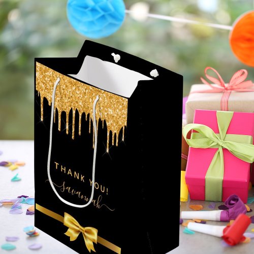 Birthday black gold glitter thank you favor medium gift bag