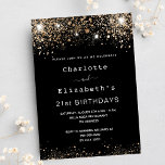 Birthday black gold glitter two persons friends invitation postcard<br><div class="desc">A modern,  stylish and glamorous invitation for two women's 21st birthday party (or any age)  A black background decorated with dark faux gold sparkles. Personalize and add names and party details. 
An invitation for two persons celebrating together,  twins,  sisters or friends.</div>