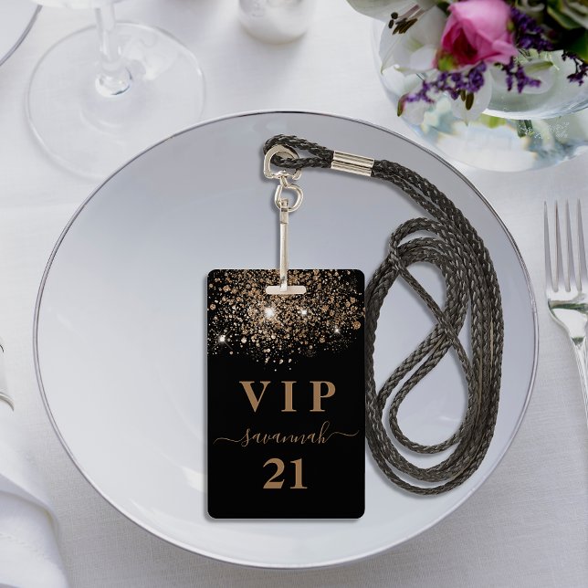 Birthday black gold glitter vip invitation badge (Creator Uploaded)
