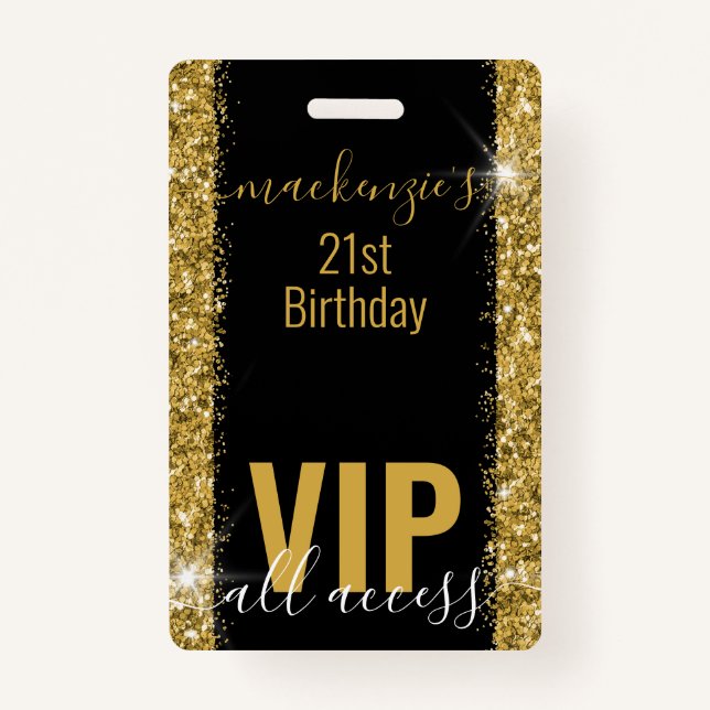 Birthday Black Gold Glitter VIP Party Invitation Badge (Front)
