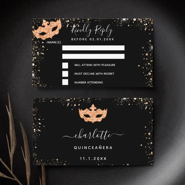 Birthday black gold masquerade RSVP Enclosure Card | Zazzle