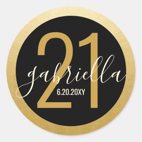 Birthday Black Gold Modern Name Date Custom Age Classic Round Sticker