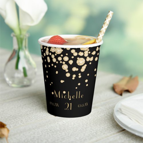 Birthday black gold monogram diamonds paper cups