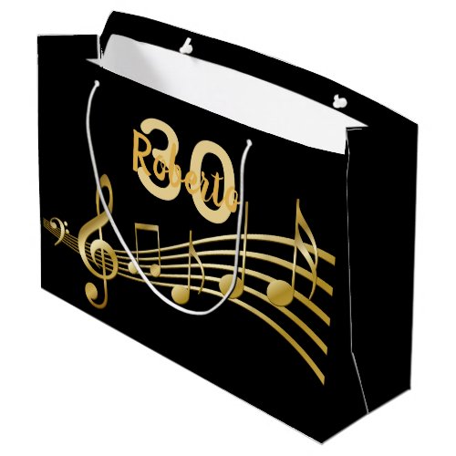 Birthday black gold music notes monogram large gift bag