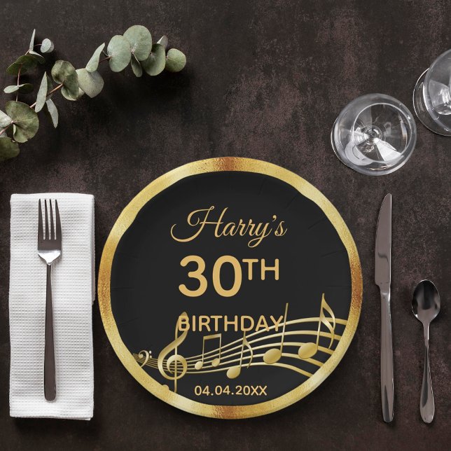 Birthday black gold music notes name paper plates (Creator Uploaded)