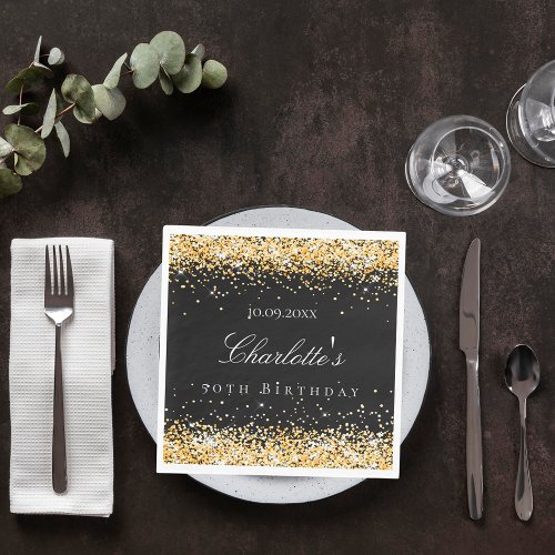 Birthday black gold name elegant luncheon napkins