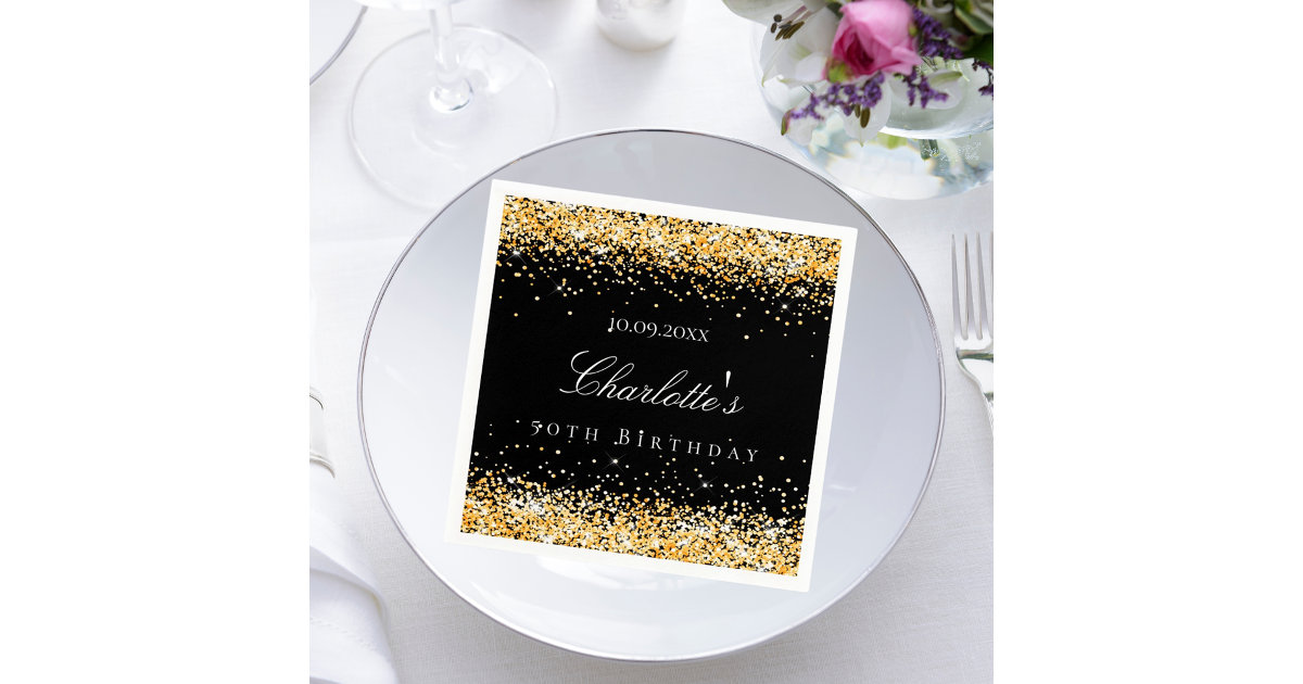 Birthday black gold name elegant napkins Zazzle