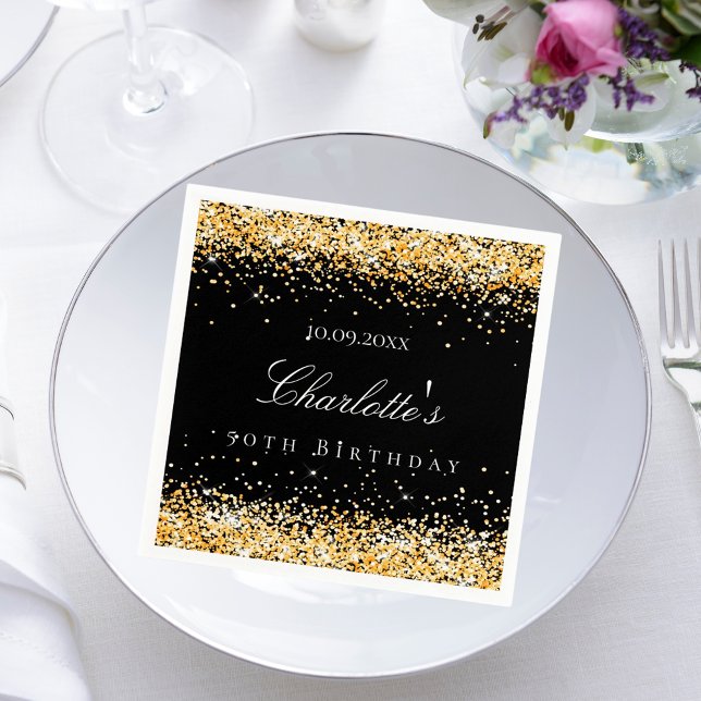 Birthday black gold name elegant napkins (Creator Uploaded)