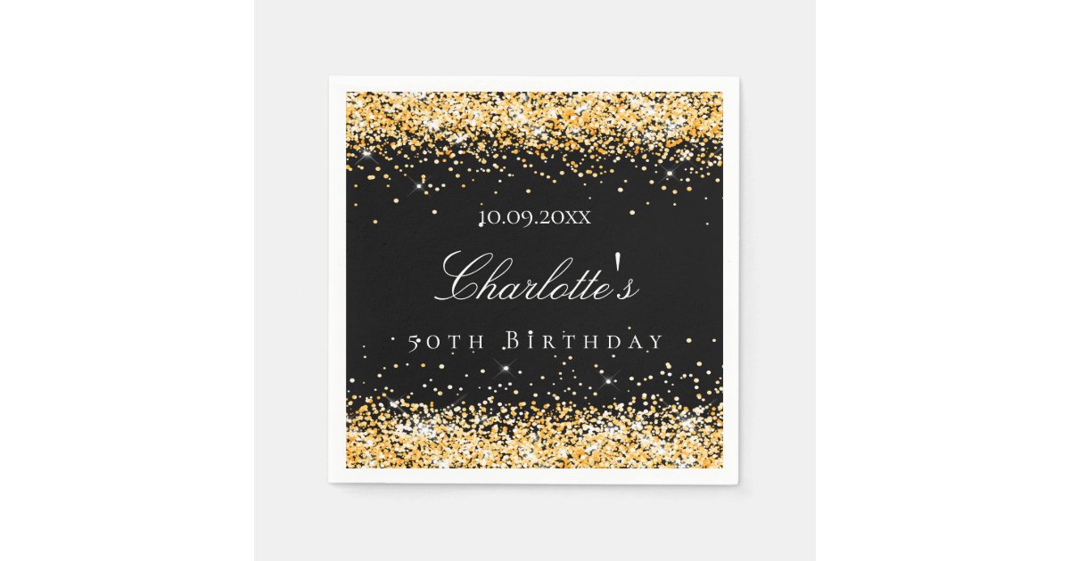 Birthday black gold name elegant napkins Zazzle