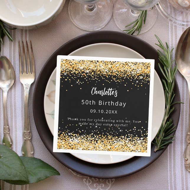 Birthday black gold name script text napkins (Creator Uploaded)