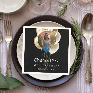 Birthday black gold photo balloons napkins
