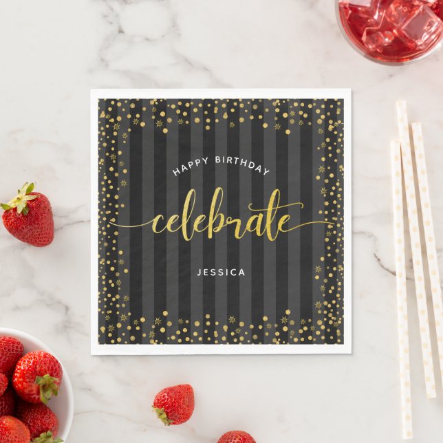Birthday black gold script glitter dot modern name napkins (Insitu)