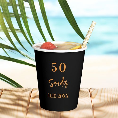 Birthday black gold script men paper cups