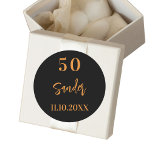 Birthday black gold script minimalist classic round sticker<br><div class="desc">For a 50th (or any age) birthday party.  A black background. Add your name,  age,  date. The name is written with a modern hand lettered style script.  Golden text.</div>