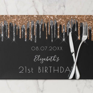 Birthday black gold silver glitter paper placemat