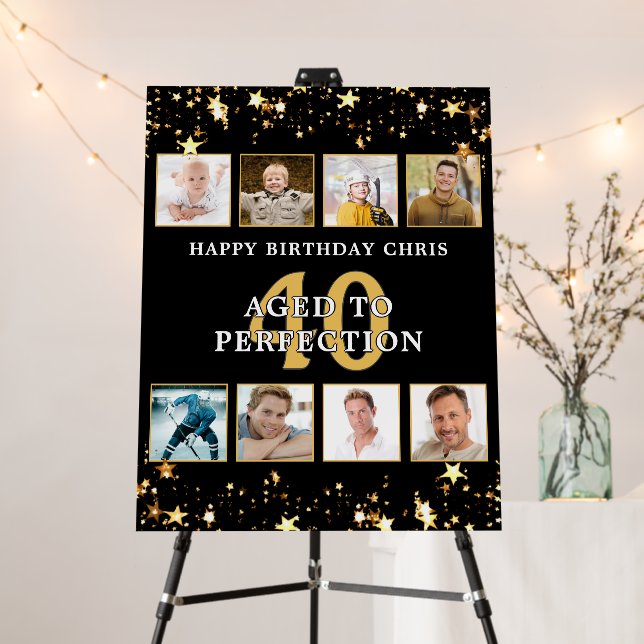 Birthday Black Gold Stars 8 Photo Personalized Foam Board (In Situ (Stand))