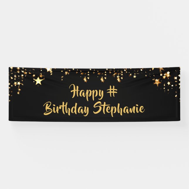 Birthday Black Gold Stars Brush Script Personalize Banner (Horizontal)