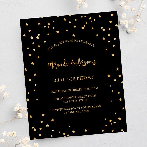 Birthday black gold stars budget party invitation