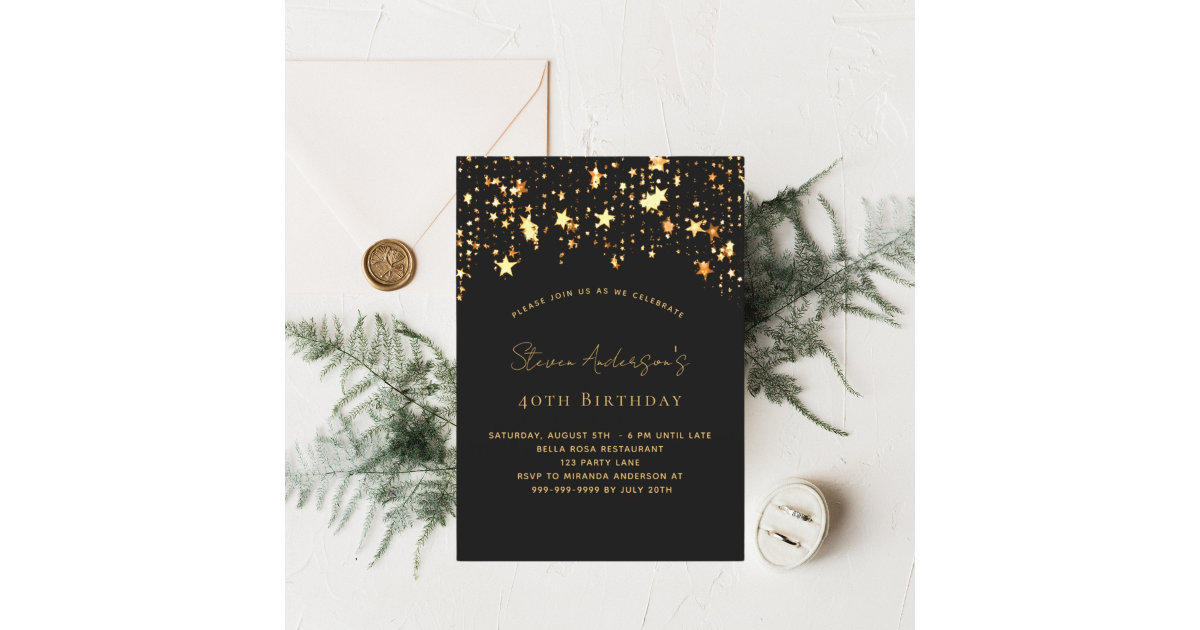 Birthday Black Gold Stars Elegant Party Invitation Zazzle